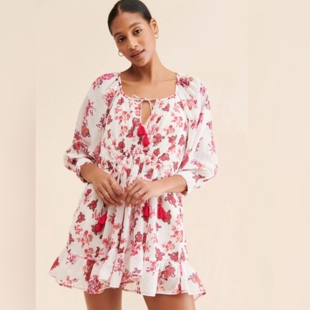 Free People Camella Floral Boho Ruffle Mini Dress Puff Sleeve Oversized Size S